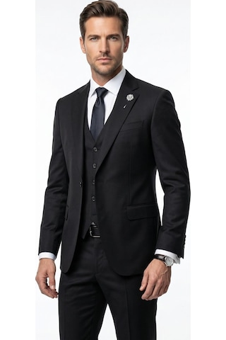Erkek Klasik Slim Fit Takım Elbise Notch Yaka, Yaka Punto Dikişli, Tek Düğmeli, Çift Yırtmaçlı Siyah