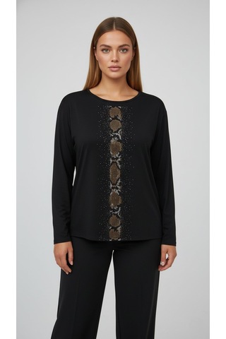 Taş Desenli Uzun Kollu Bambu Viskon Kumaş Bluz Siyah 2
