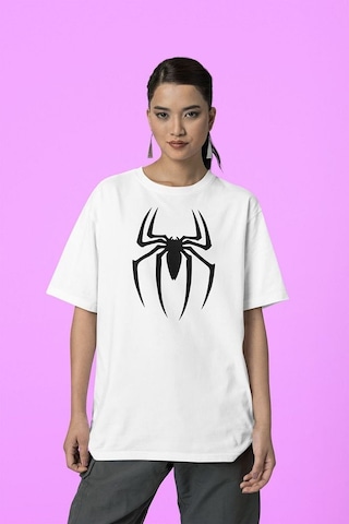 Spider-man Logo Baskılı Tişört, Oversize Marvel Tişört Beyaz