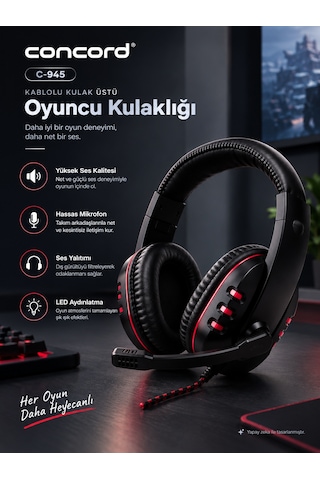 Concord C-945 Kablolu Kulak Üstü Oyuncu Kulaklığı Usb Led Aydınlatmalı Mikrofonlu Gaming Kulaklık
