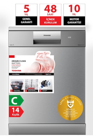 Toshiba DW-14F6ME SS TR Uv Hijyen Ve Breez Dry Kurutma 8 Programlı Bulaşık Makinesi Inox