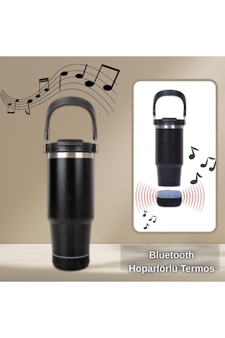 Bluetooth Hoparlörlü Paslanmaz Çelik Termos Bardak 600 Ml -pipetli ,çift Kullanımlı Kapak Siyah