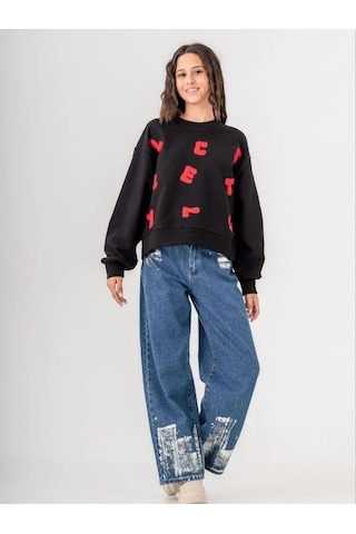 Kız Çocuk Mevsimlik Harf Aplikeli 3 İplik Sweatshirt-14771 Siyah