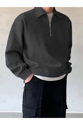 Genius Store Erkek Polo Yaka Oversize Yarım Fermuar Sweatshirt Füme