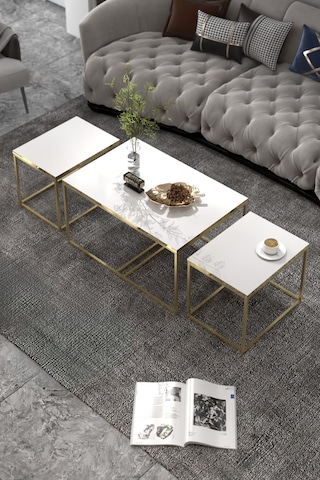 Orta Sehpa Ve Zigon Yan Sehpa Flora Set Gold Beyaz Beyaz