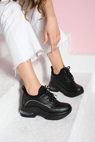 Shoetek Mariangeles Kadın Sneakers Bağcıklı Taşlı Spor Ayakkabı Siyah Deri Siyah