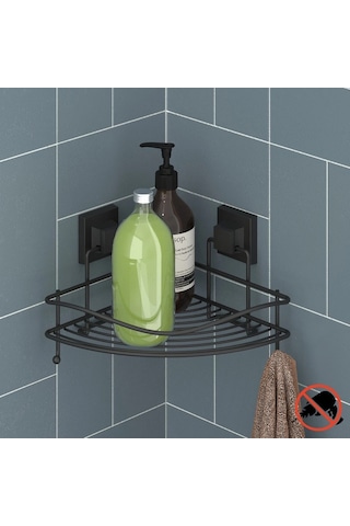 Easyfix Yapışkanlı Banyo Rafı Şampuanlık Kancalı Köşe Rafı Siyah Siyah