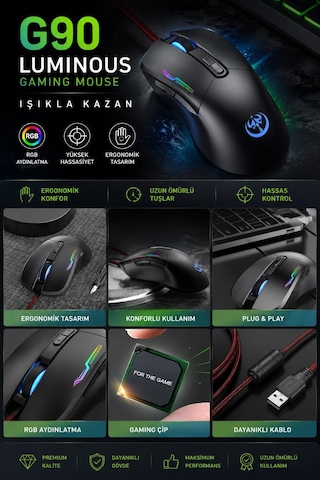 G90 Gaming Mouse Profesyonel Rgb Led Işıklı Kablolu Oyuncu Mouse 800-3200 Ayarlanabilir Dpi 7 Tuşlu Usb Girişli Gaming Mouse Diğer
