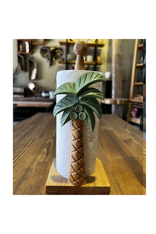 Reyo Ahşap Oyma Peçetelik Kağıt Rulo Havluluk Palmiye Desenli