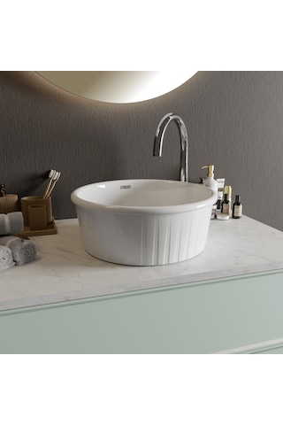 Livabo Roza 400 X 150 Mm Desenli Tezgah Üstü Akrilik Banyo Lavabosu Beyaz