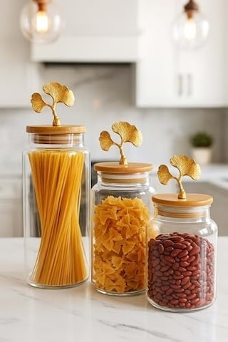 3&apos Lü Bambu Kapaklı Metal Ginkgo Figürlü Şeffaf Cam Kavanoz Şeffaf Cam Saklama Kabı 635/890/1400ml Ahşap
