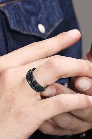 Ortası Dönebilen Zincirli Erkek Kadın Anti-stres Çelik Alyans Yüzük Cl43 Siyah