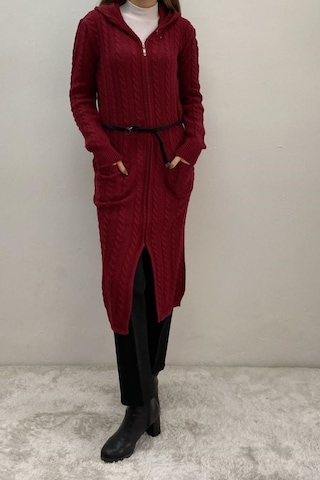 Onno Style Women Selanik Örgü Kapşonlu Uzun Ceket Bordo