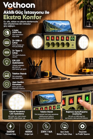 Akıllı Masaüstü Duvar Tipi Akım Korumalı 5 Li Priz 3680w Led Işıklı Usb-a Type-c Telefon Standlı Diğer