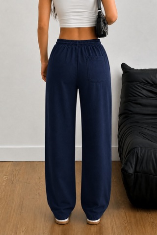 Tarz Cool Kadın Keten Karışımlı Regular Fit Beli Lastikli Bağcıklı Yüksek Bel Günlük Pantolon Lacivert