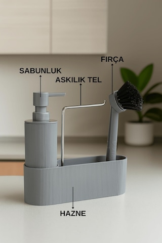 Gri Sabunluk Fırçalı Mutfak Lavabo Düzenleyici Seti- Sabunluk,fırça Ve Organizer gri