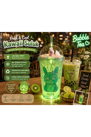 Çift Katlı İçecek Bardağı Led Işıklı Pipetli Kawaii Chibi Sevimli Tavşan Figürlü Suluk 450 Ml Yeşil
