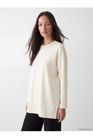 Lcw Everyday Ekru Taşlı Soft Touch Oversize Kadın Sweatshirt Tunik