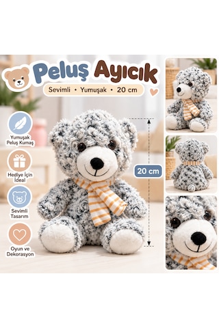 40 Cm Peluş Oyuncak Ayı Gri Renkli Lacivert Fiyonklu Yumuşak Teddy Bear Açık Gri