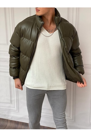 Modefendi Şişme Oversize Yüksek Kalite Deri Mont Haki