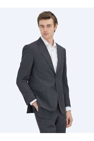 Antrasit Çizgili Modern Fit Yün Karışımlı Takım Elbise Antrasit