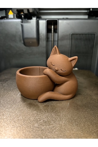 3d Baskı Sarılan Kedi Saksı - Sevimli Dekoratif Saksı - Kahverengi -