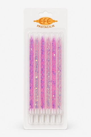 Pembe Beyaz Uzun Pul Simli Pasta Mumu 17 Cm Karışık