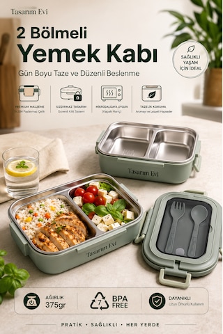 2 Bölmeli Paslanmaz Çelik Yemek Kabı Sızdırmaz Kapaklı, Taşınabilir Beslenme Kabı Yeşil