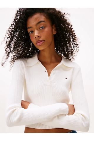 Tommy Jeans Tjw Klasik Polo Uzun Kollu Kadın Kazak Dw0dw21829ybh Beyaz