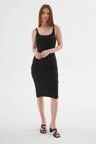 Fashion Friends Kare Yaka Midi Siyah Kadın Elbise 26y0299k1
