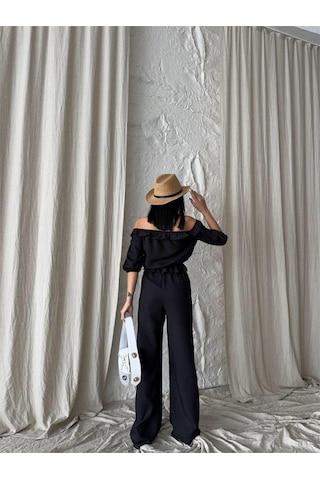 Gülsüm Aydın Keten Madonna Yaka Kol Hasır Şerit - Pantolon Takım - Siyah Siyah