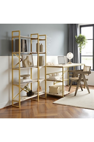 Robin Home Gold Çalışma Masası Ve Gold Kitaplık Metal Ayaklı 2'li Set Mermer