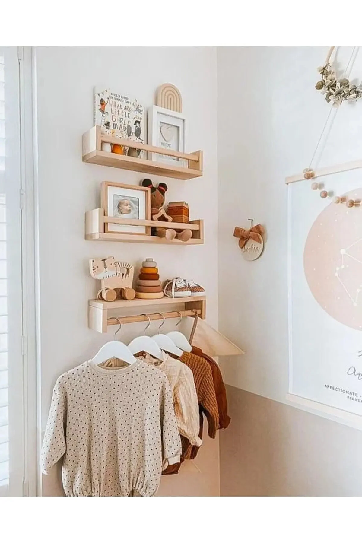 Montessori Kitaplık Çocuk Bebek Odası Rafı Ahşap Kitaplık Askılık Natural Ahşap