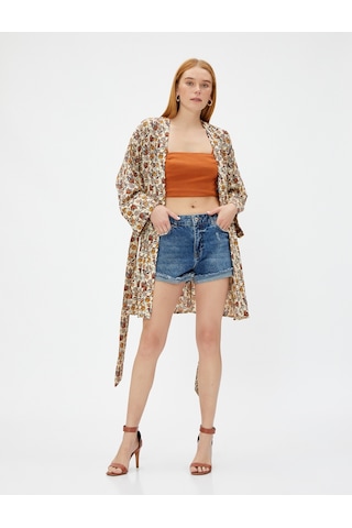 Koton Çiçekli Kimono Kuşaklı Midi Boy Kahverengi Desenli 3sak50164uw 3SAK50164UW5D1 Kahverengi