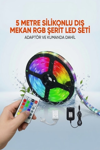 5 Metre Rgb Led Şerit Işık Ip65 Dış Mekan Su Geçirmez Kumandalı Adaptör Dahil Çok Renkli Animasyonlu Led Şerit
