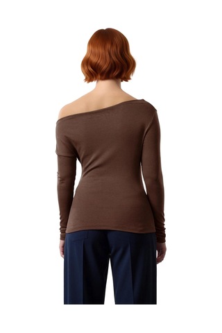 Ersefa Moda Kayık Yaka Örme Slim Çizgili Desen Casual Günlük Regular Uzu Kahverengi