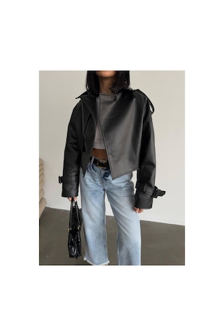 Almira Yeni Sezon Oversize Bomber Kadın Deri Ceket Siyah Siyah