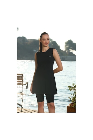 Büyük Beden Sıfır Kollu Taytlı Yarı Kapalı Mayo 22701 Siyah Siyah