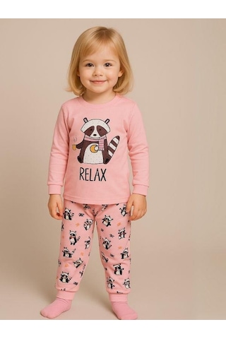 Kız Çocuk Pamuklu Hayvan Baskılı Pijama Takımı-16053 Pembe