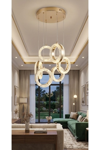 6'lı Kristal Ledli Modern Avize Gold