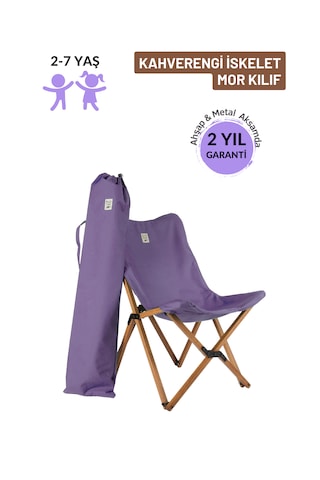 Bag The Joy Kids Ahşap Katlanır Kamp Sandalyesi Kahverengi İskelet - Mor Kılf Mor