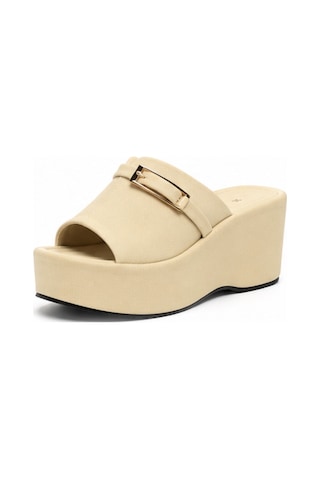 N Napa Shoe Np.9555.bej Saten Napa Shoe Kadın Dolgu Topuk Terlik Tokalı Platform Günlük Rahat Yazlık Terlik Bej