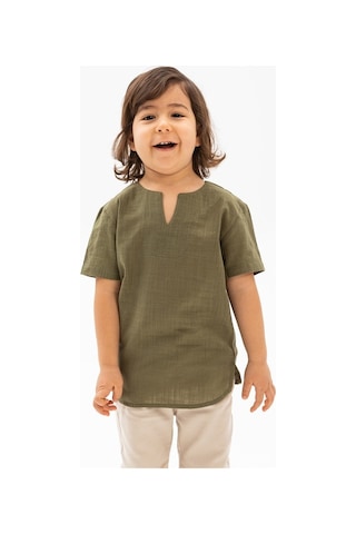 Eliş Şile Bezi Kısa Kol Şile Bezi Bisiklet Yaka Erkek Çocuk Tshirt Haki 3049