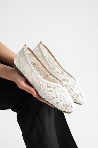Dabab Shoes Florıa Dantel Kadın Beyaz Düz Babet Dantel Dokuma Çiçek Desenli Zarif Günlük Ayakkabı