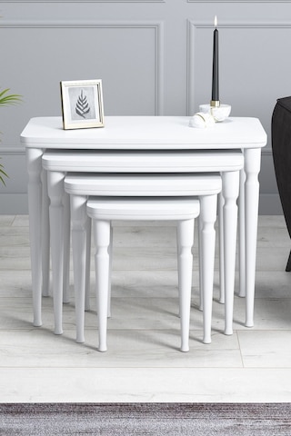 Imaj Mdf Ve Lake Boya, Beyaz 4lü Zigon Sehpa Takımı, Beyaz Gürgen Ayaklar Sehpalar Beyaz Ayaklar Beyaz