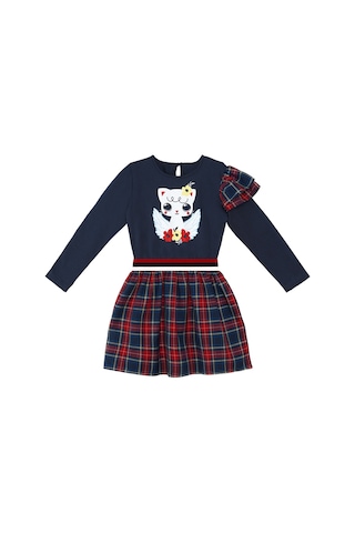 Denokids Kanatlı Kedi Kız Çocuk Lacivert Ekose Elbise Lacivert