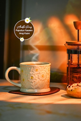 El Yapımı Seramik Kabartma Motifli Papatya Tasarım Mug Kupa Fincan |Handmade Mug Fincan Kahve Kupası