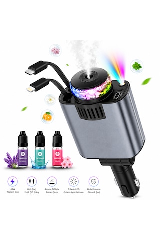 Ultratekno C7 Araç Şarj Cihazı 5in1 45w Hızlı Şarj Oto Parfüm Difüzör Type-c & Lightning Makaralı Kablo Rgb Yıldız Işığı Araç İçi Nemlendirici Gri