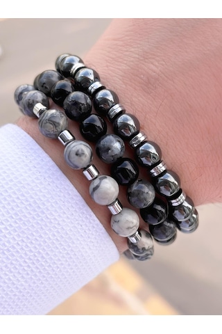 Nursaat 3 Lü Özel Tasarım Unisex Doğal Taş Bileklik Jasper-hematit-onix 08 Renkli