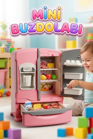 Pilli Işıklı Duman Atan Oyuncak Mini Eğitici Evcilik Oyuncak Buzdolabı Seti